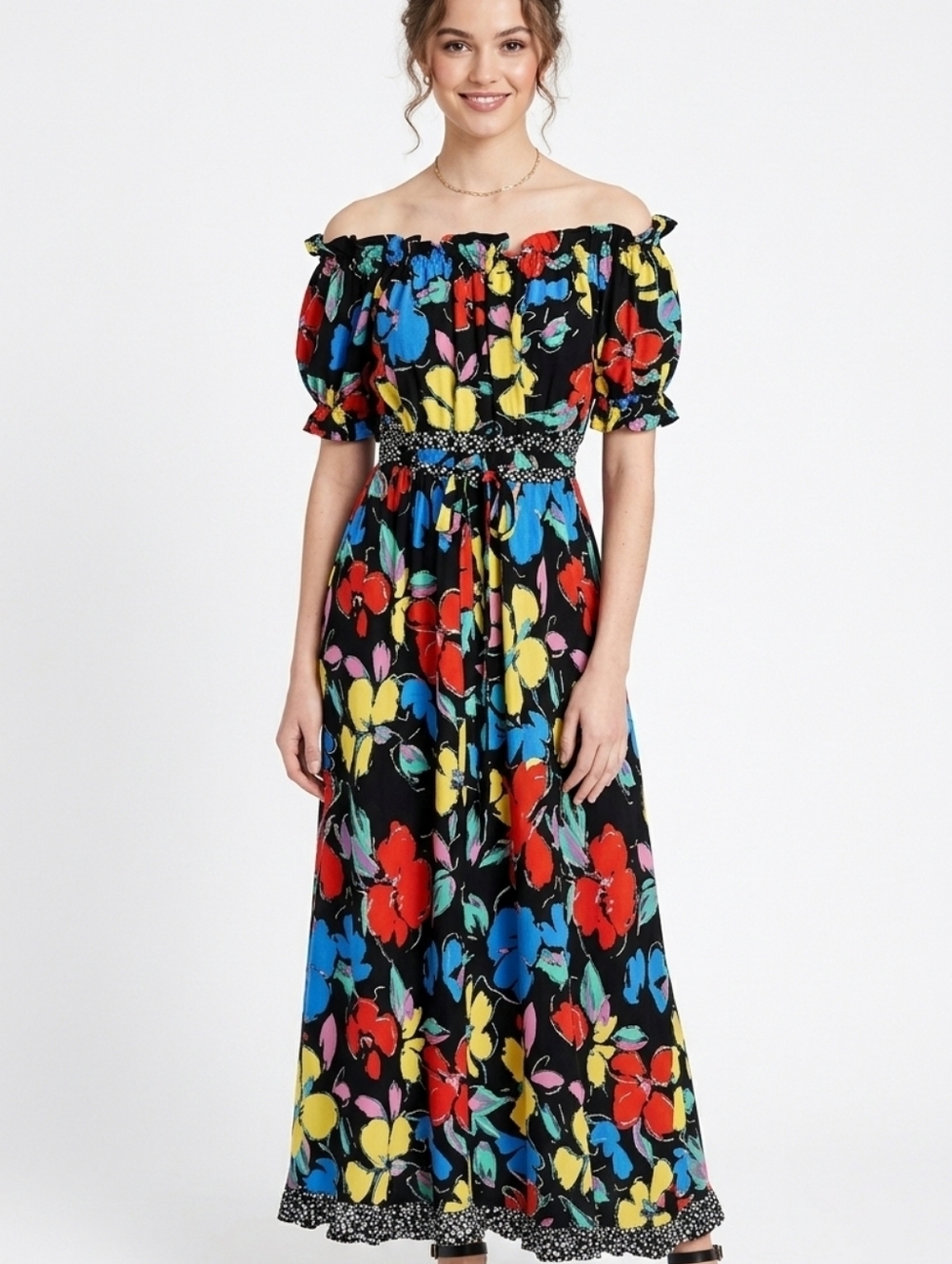 RIXO Black Off-Shoulder Maxi Dress with Red, Blue & Yellow Floral Print